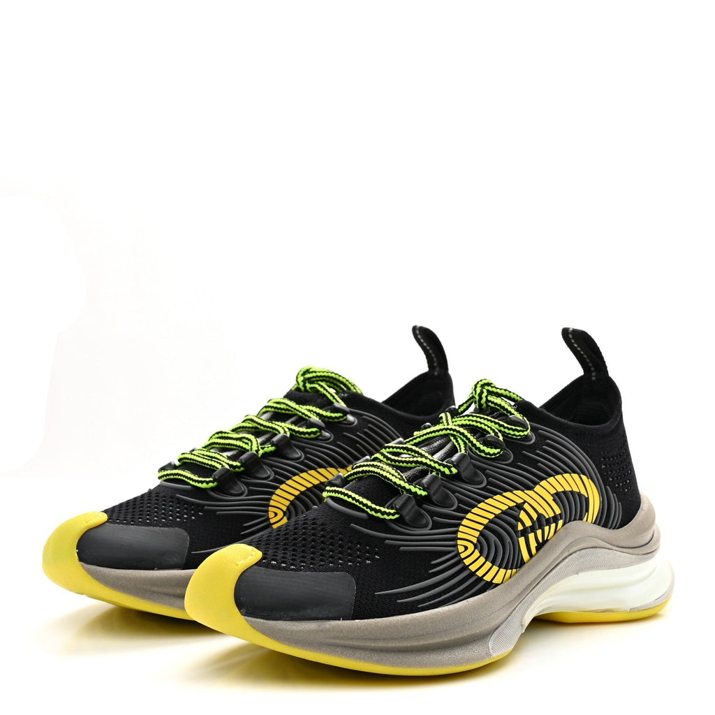 TECHNICAL KNIT FABRIC WAVES WOMENS GUCCI RUN SNEAKERS BLACK SILVER GIALLO NEON YELLOW