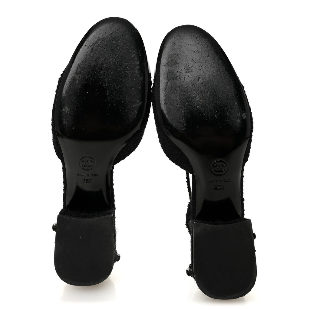 TWEED IRIDESCENT CALFSKIN CAP TOE CC SLINGBACK PUMPS BLACK SILVER