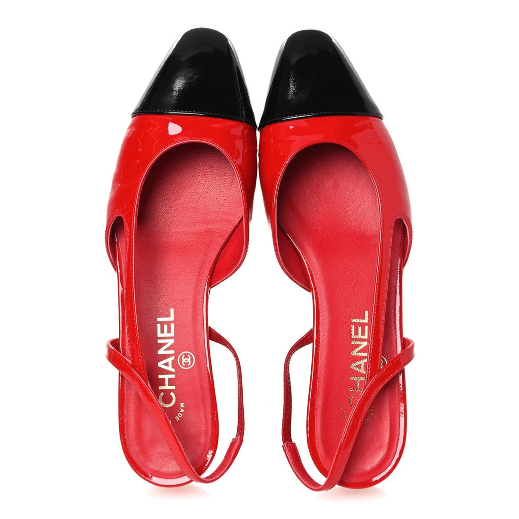 PATENT CALFSKIN CAP TOE CC SLINGBACK FLATS RED BLACK