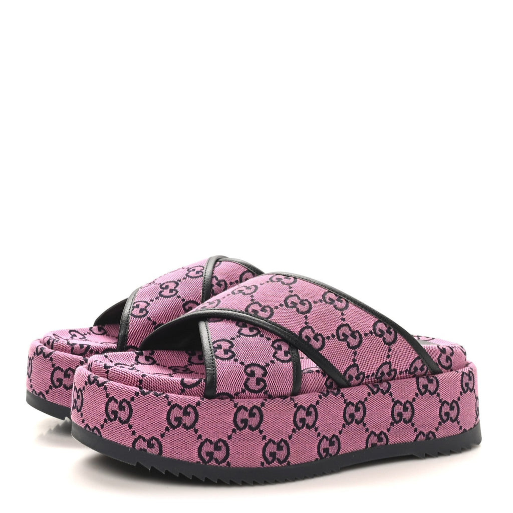 MONOGRAM MULTICOLOR CRISS CROSS PLATFORM SLIDE SANDALS PINK BLUE