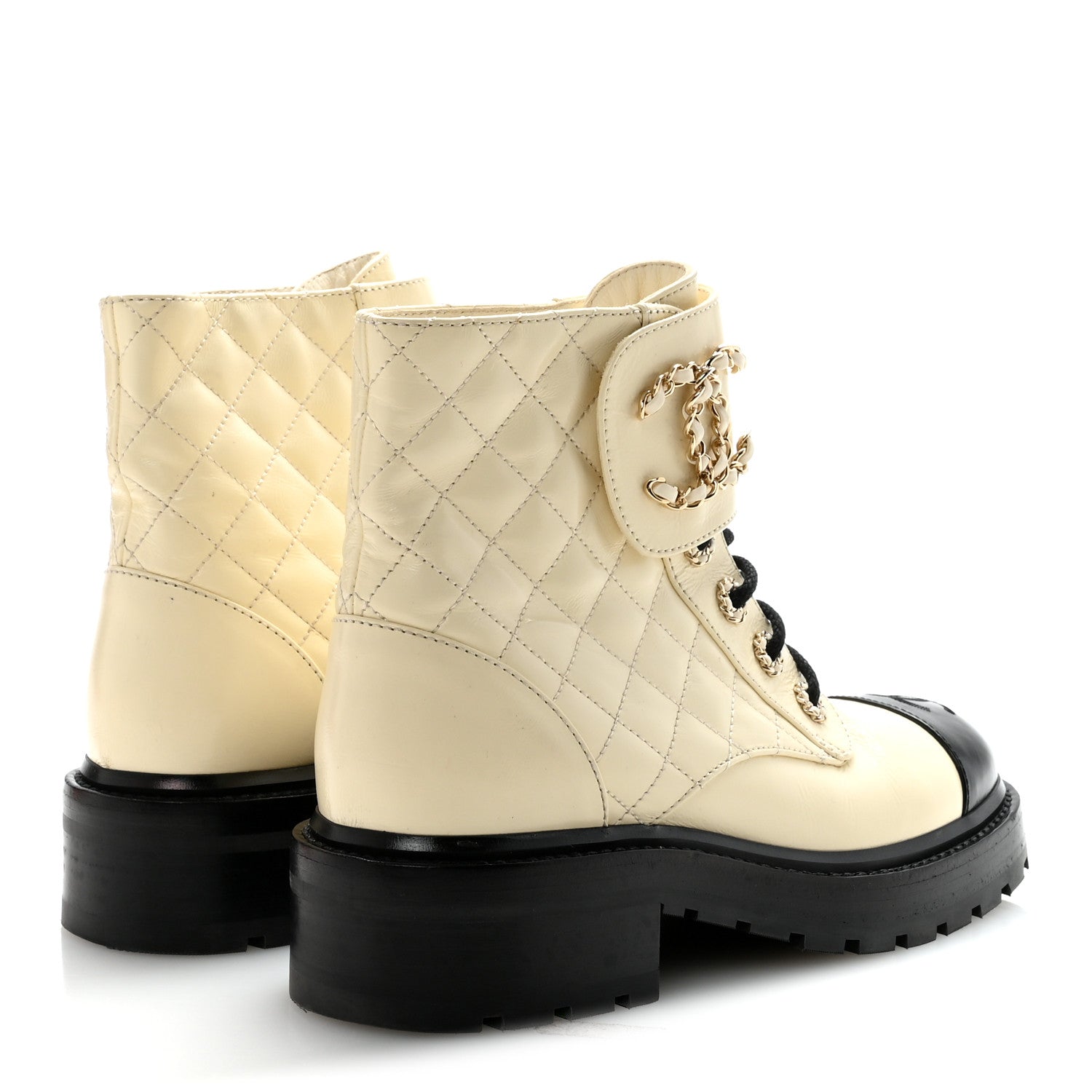 SHINY GOATSKIN CALFSKIN QUILTED LACE UP COMBAT BOOTS IVORY BLACK