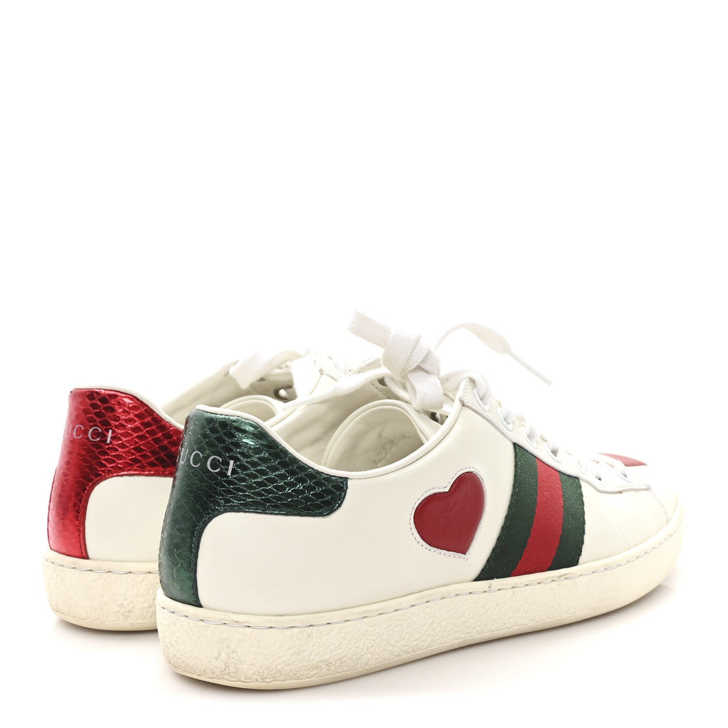 CALFSKIN WEB HEART EMBROIDERED WOMENS ACE SNEAKERS WHITE