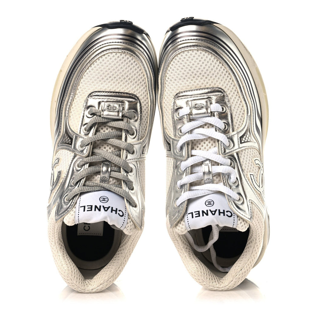 FABRIC LAMINATED CALFSKIN STRETCH CC WOMENS SNEAKERS WHITE SILVER