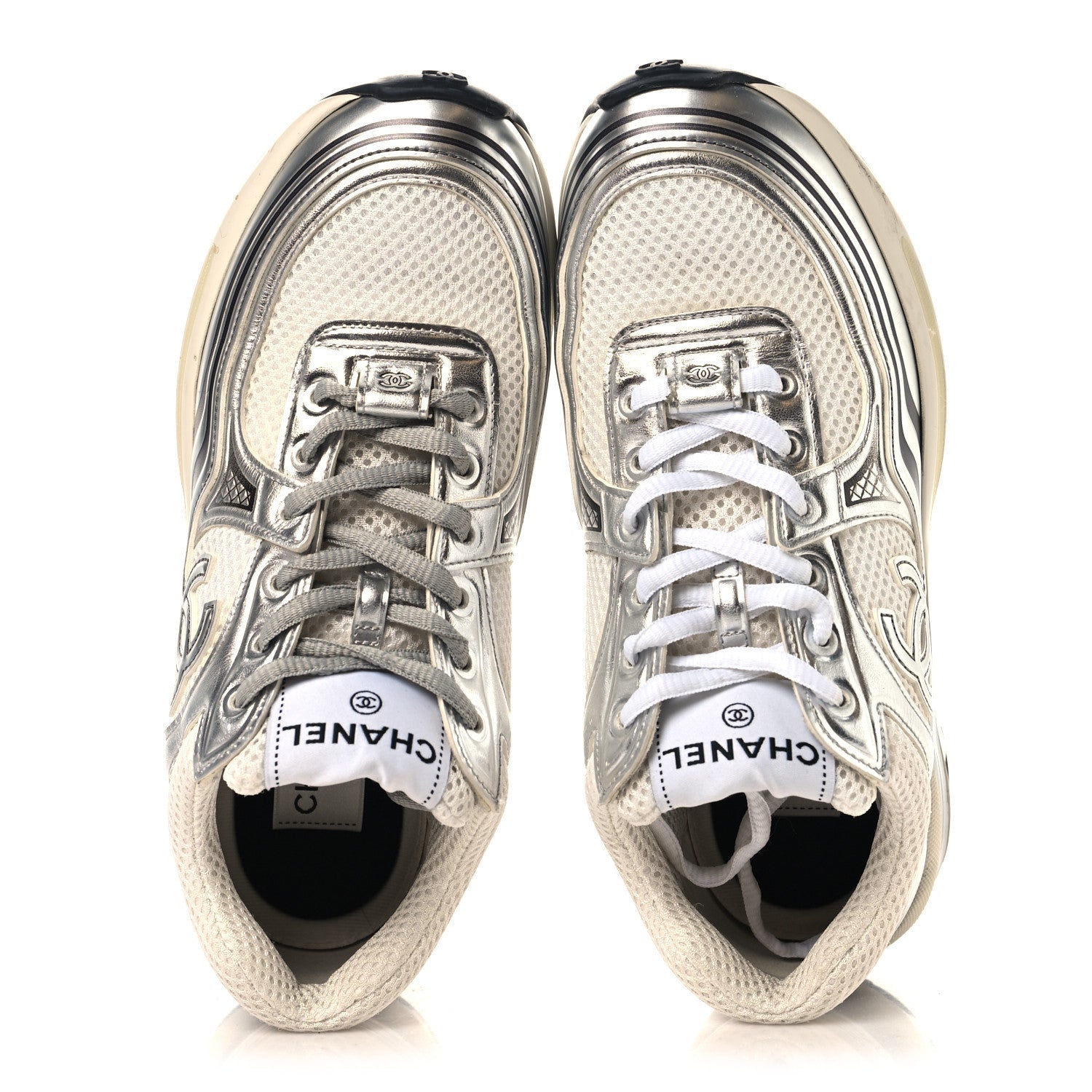 FABRIC LAMINATED CALFSKIN STRETCH CC WOMENS SNEAKERS WHITE SILVER