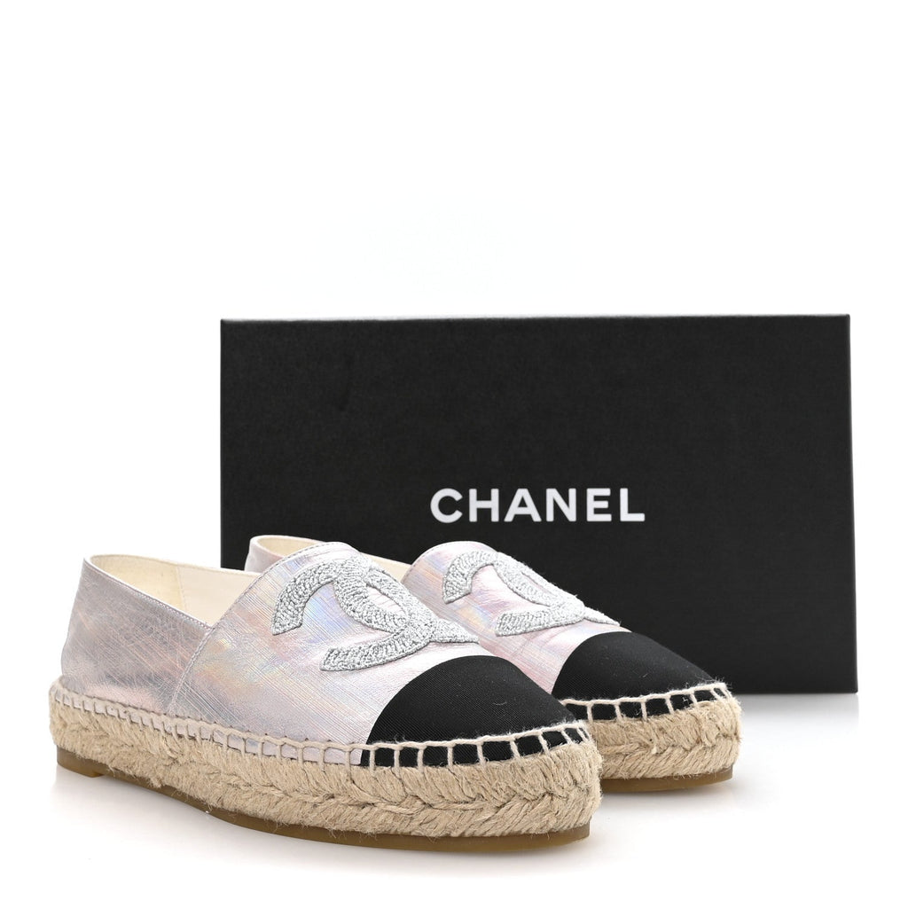 LAMINATED LAMBSKIN GROSGRAIN EMBROIDERED CC ESPADRILLES PINK SILVER BLACK