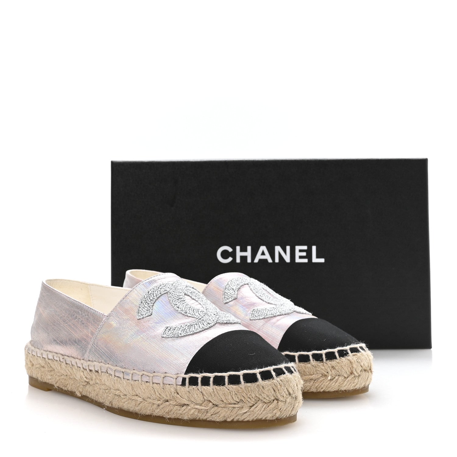 LAMINATED LAMBSKIN GROSGRAIN EMBROIDERED CC ESPADRILLES PINK SILVER BLACK