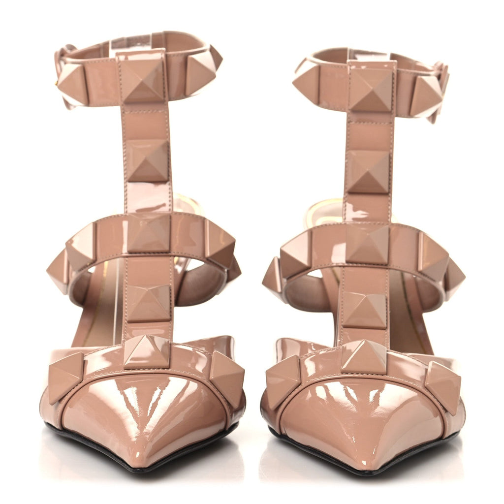 PATENT ENAMEL MONOCHROME ROMAN STUD ANKLE STRAP 80MM PUMPS ROSE CANNELLE