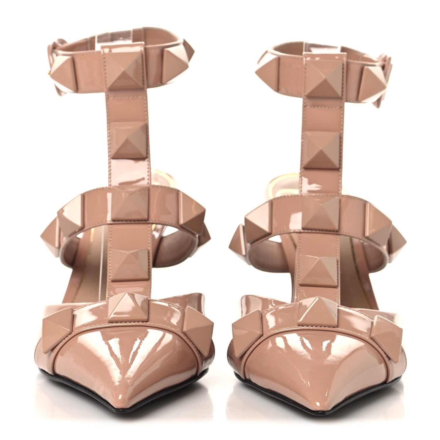 PATENT ENAMEL MONOCHROME ROMAN STUD ANKLE STRAP 80MM PUMPS ROSE CANNELLE