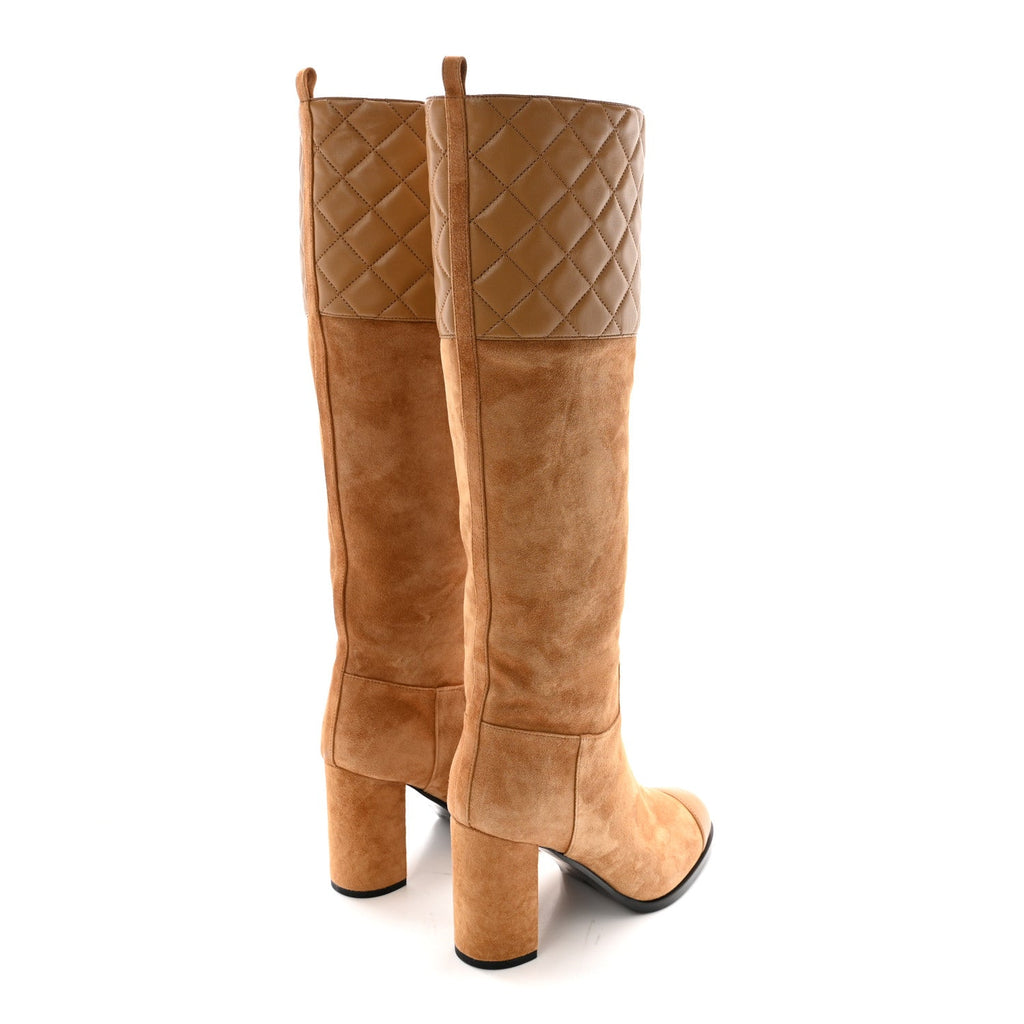 SUEDE CALFSKIN LAMBSKIN QUILTED KNEE HIGH HEEL BOOTS BEIGE