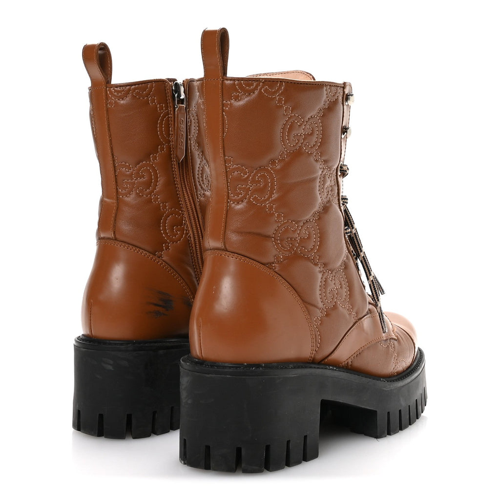 CORDOVAN LUX NAPPA GG MATELASSE LACE UP 60MM COMBAT BOOTS DARK HAZEL BROWN
