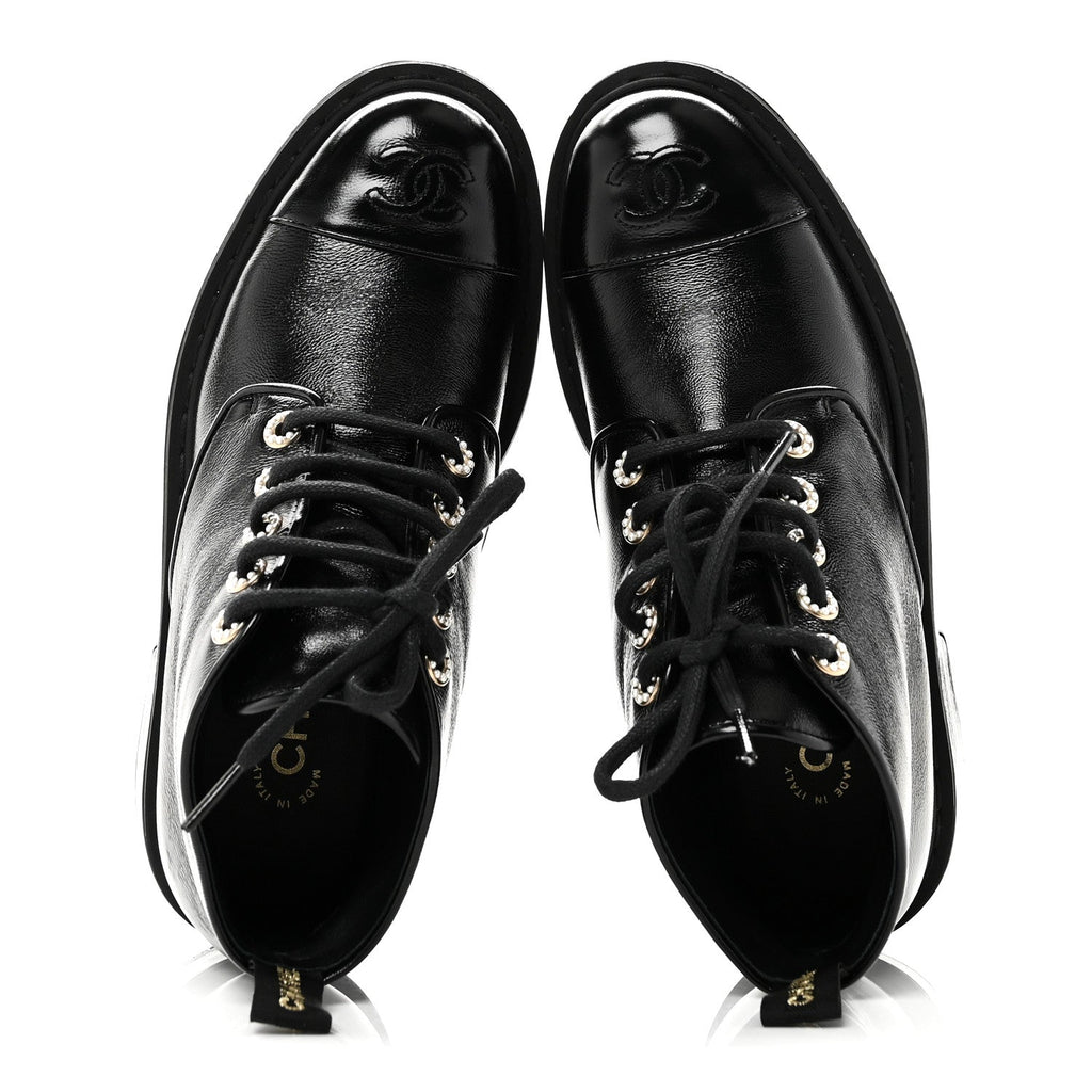 SHINY CALFSKIN PEARL LACE UP COMBAT SHORT BOOTS BLACK