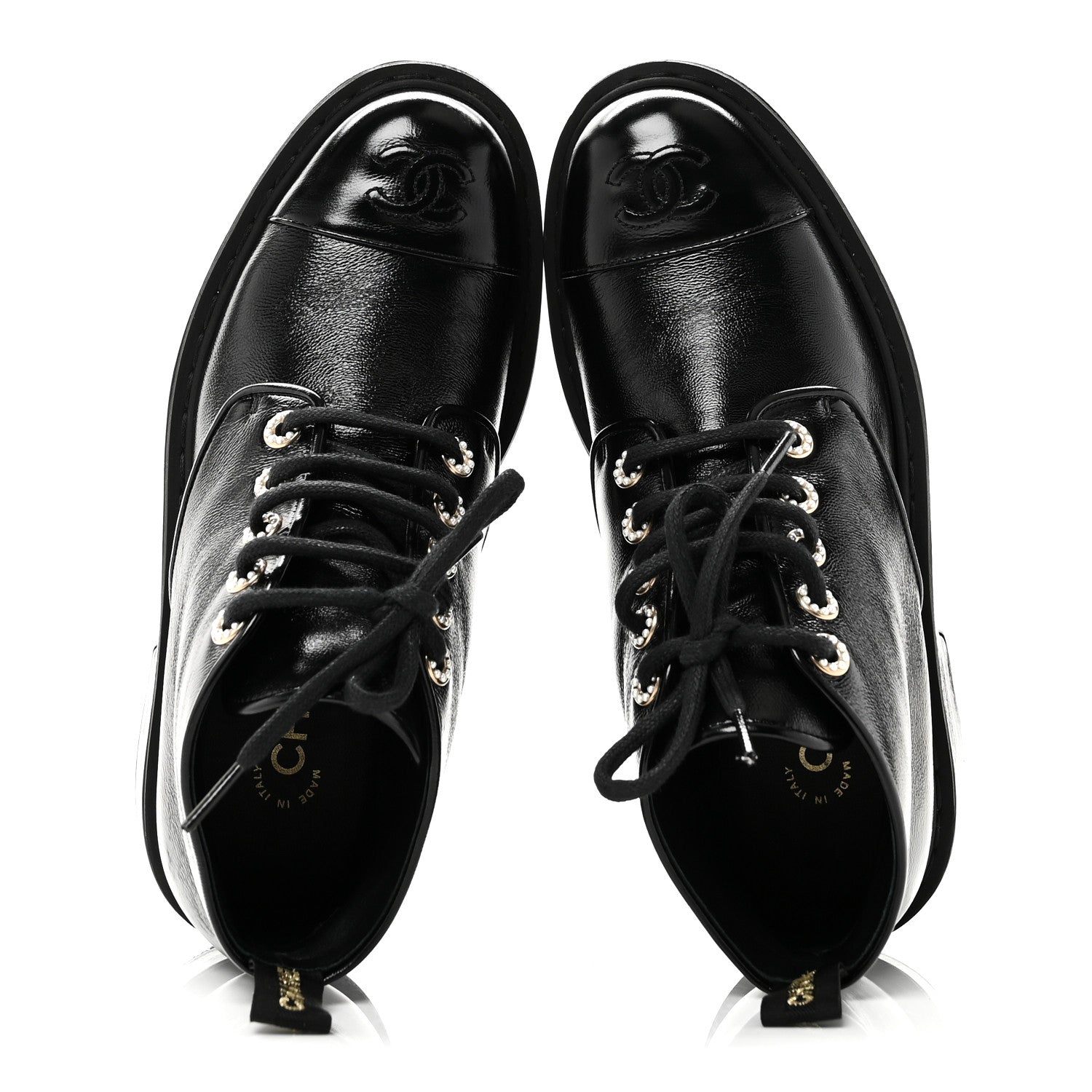 SHINY CALFSKIN PEARL LACE UP COMBAT SHORT BOOTS BLACK