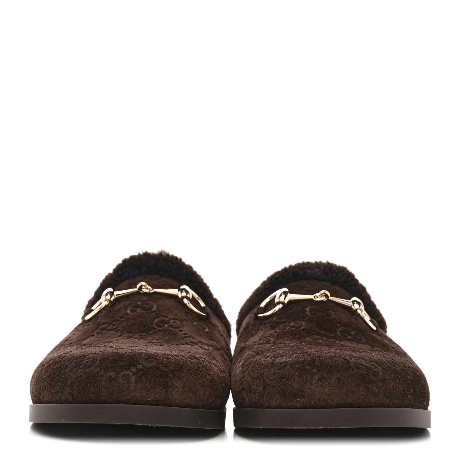 SUEDE GG DEBOSSED SHEARLING WOMENS HORSEBIT MULES DARK BROWN