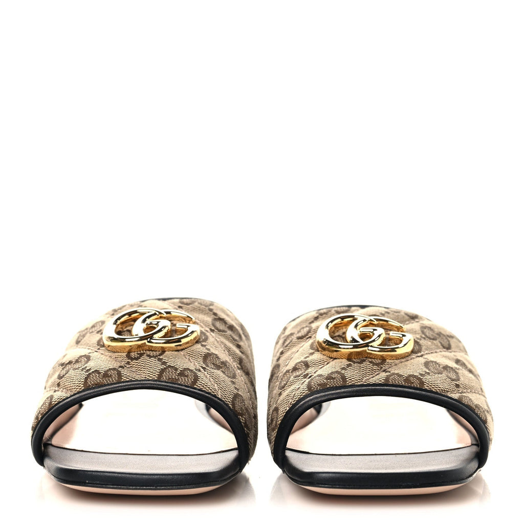 MONOGRAM MATELASSE DIAGONAL GG MARMONT FLAT SLIDE SANDALS BEIGE EBONY BLACK