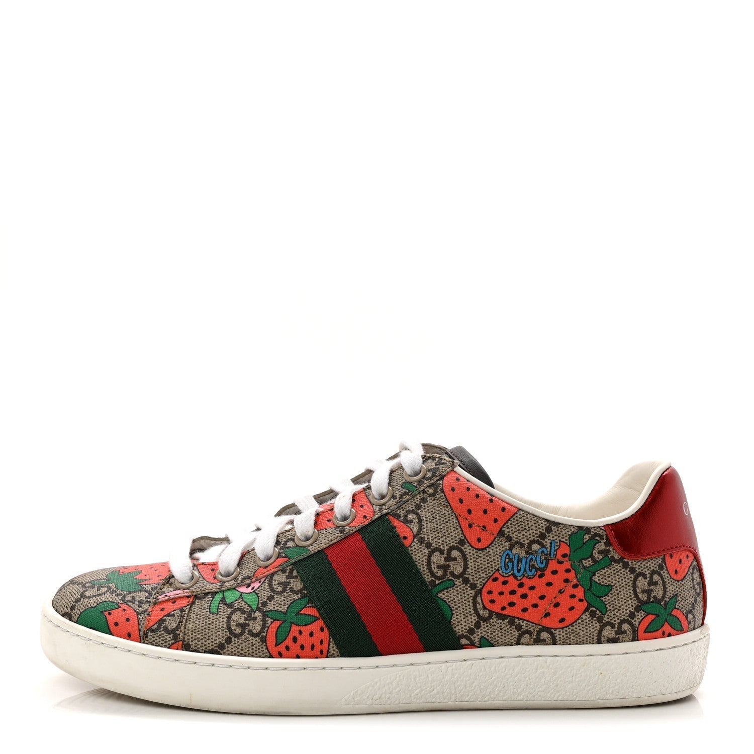 GG SUPREME MONOGRAM STRAWBERRY WEB WOMENS ACE SNEAKERS BEIGE MULTICOLOR RED GREEN