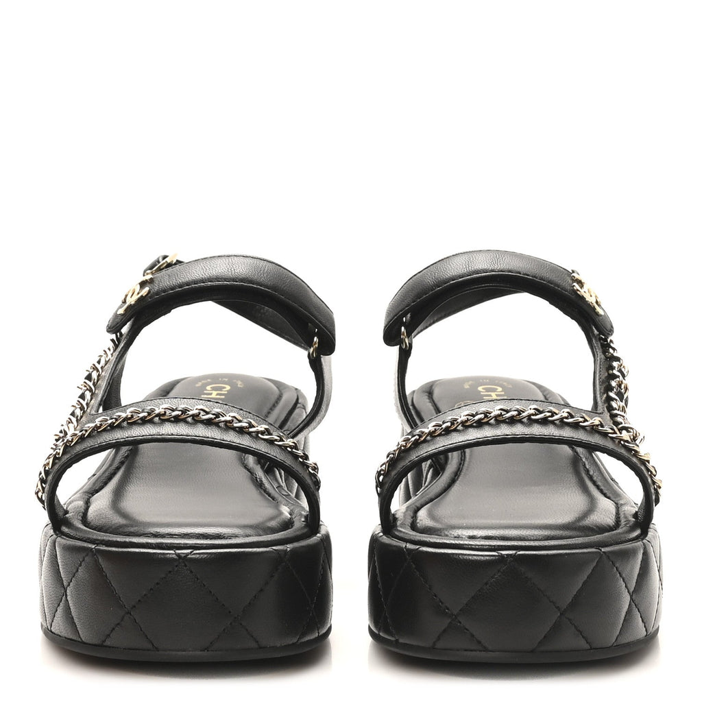LAMBSKIN QUILTED CHAIN CC PLATFORM SANDALS BLACK