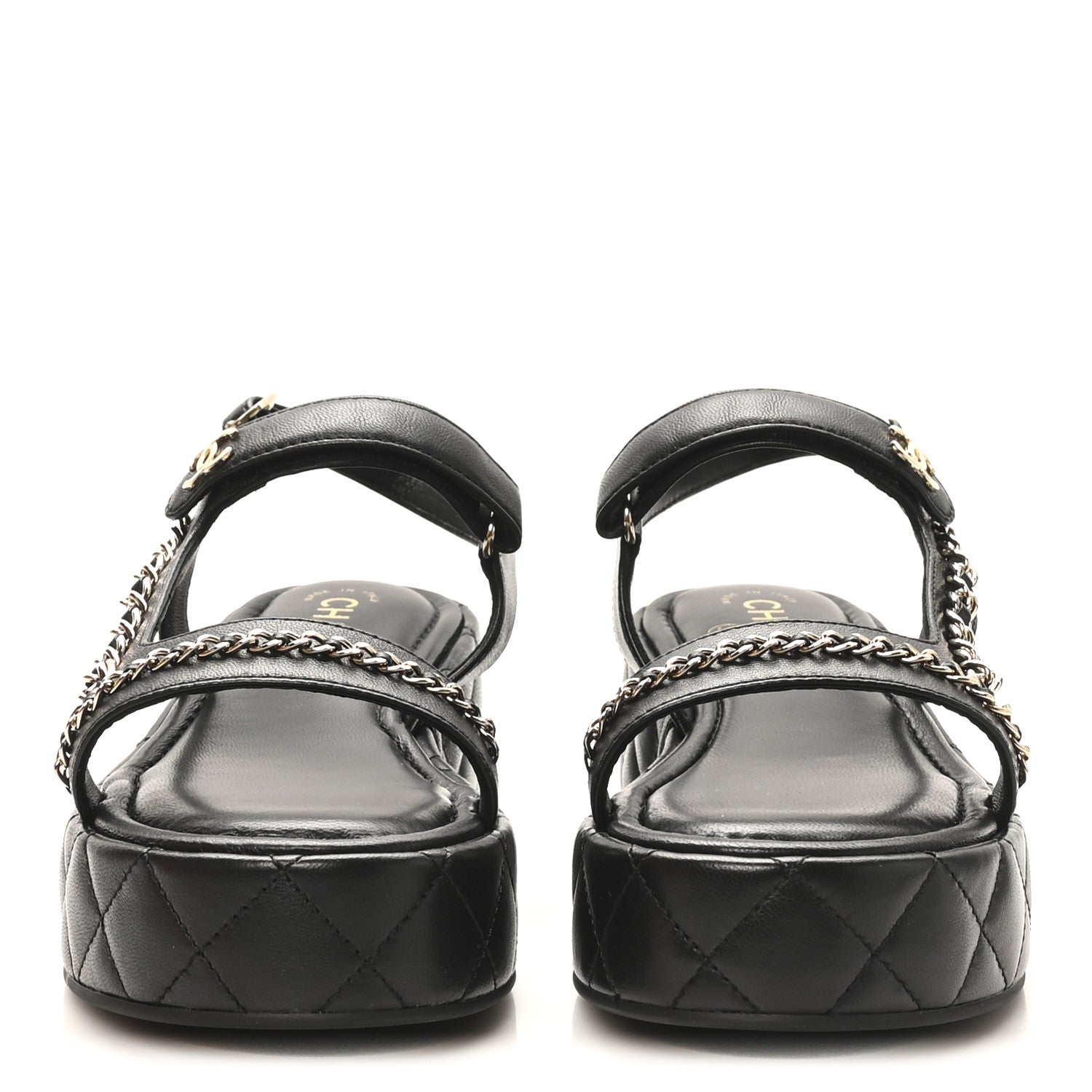 LAMBSKIN QUILTED CHAIN CC PLATFORM SANDALS BLACK