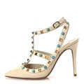 PEBBLED CALFSKIN TURQUOISE ROCKSTUD ROLLING ANKLE STRAP 100MM PUMPS IVORY