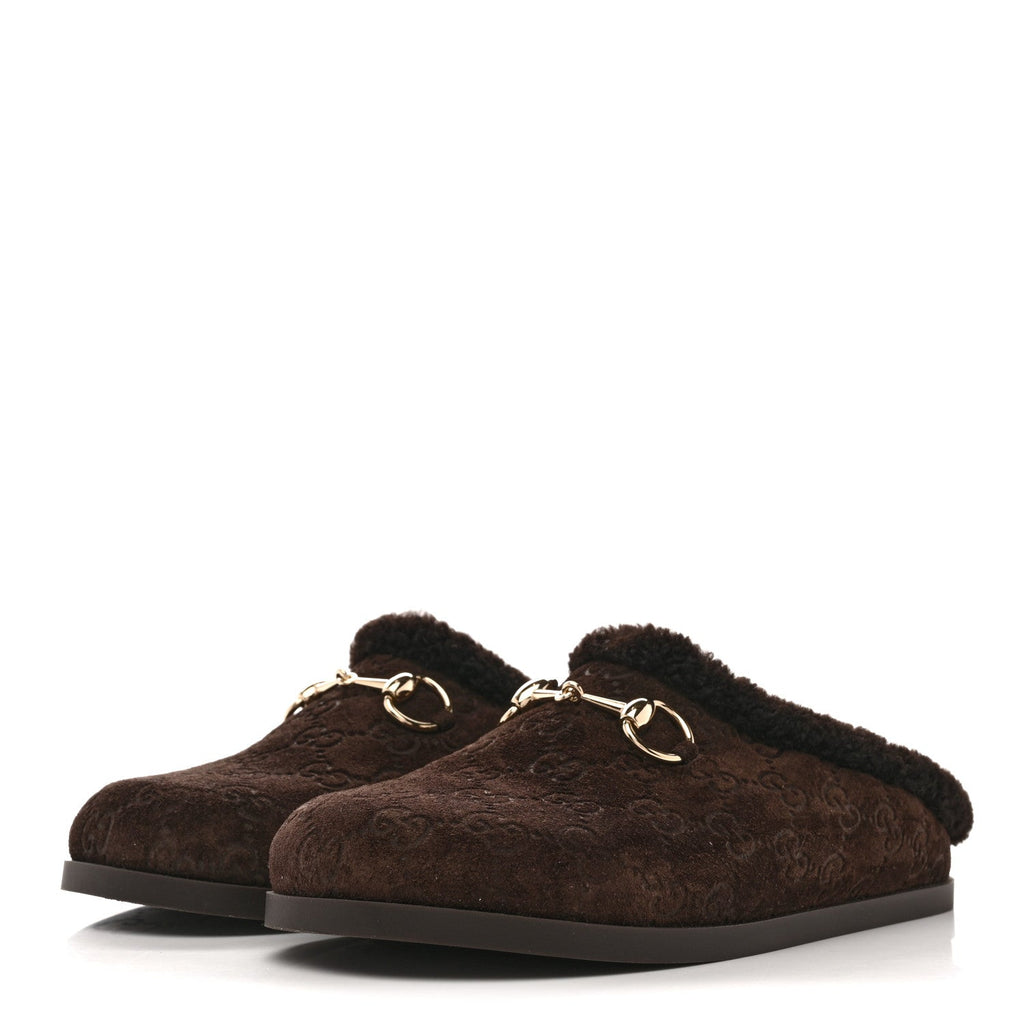 SUEDE GG DEBOSSED SHEARLING WOMENS HORSEBIT MULES DARK BROWN