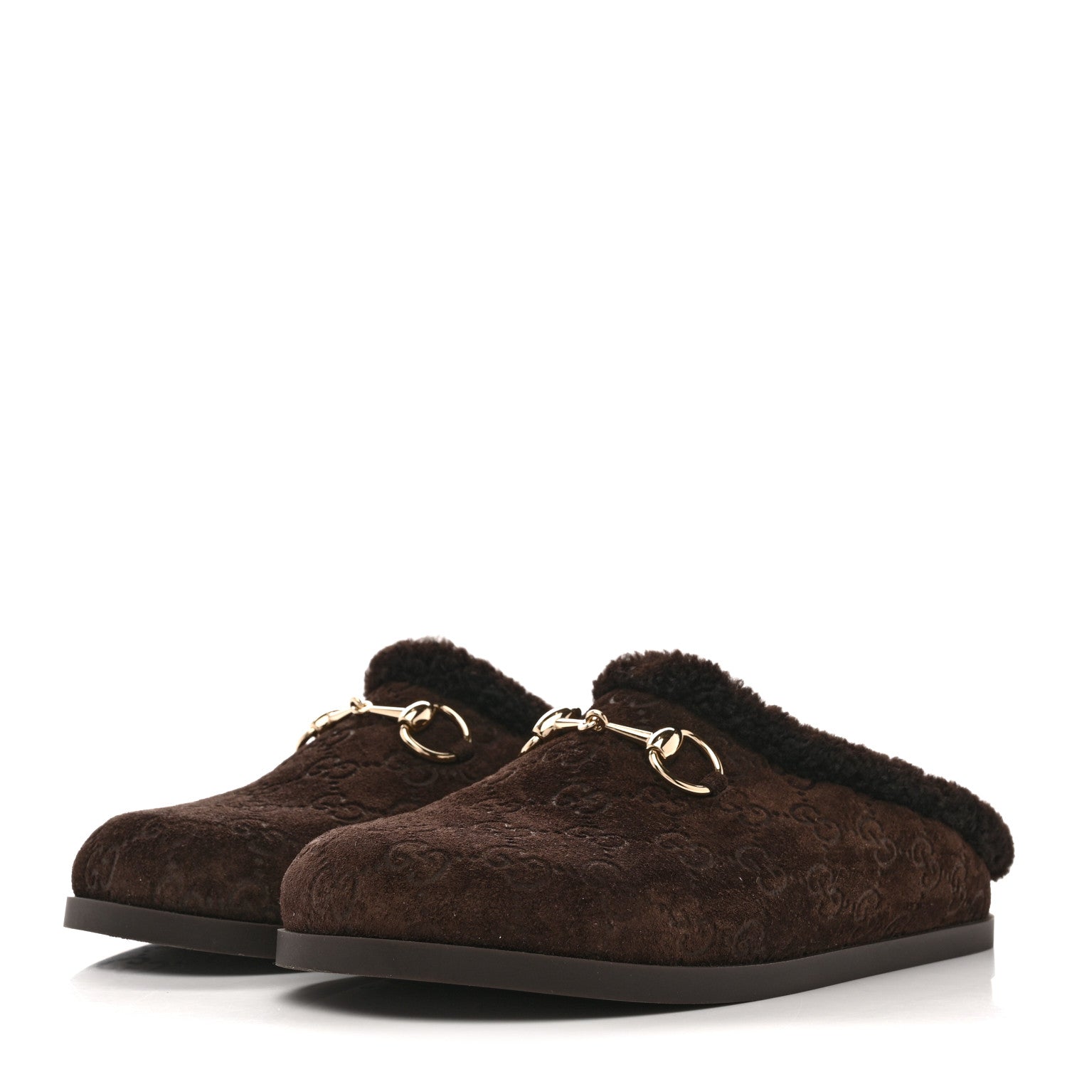 SUEDE GG DEBOSSED SHEARLING WOMENS HORSEBIT MULES DARK BROWN