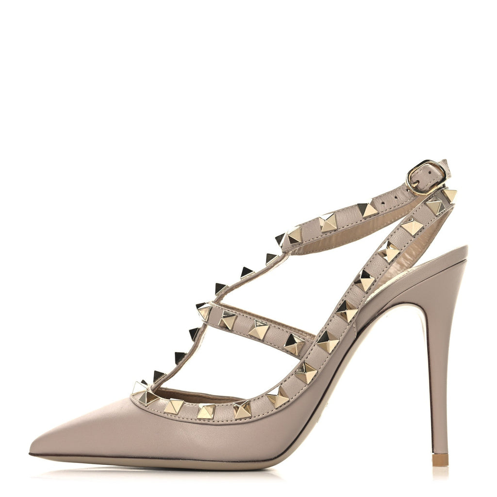 CALFSKIN NAPPA ROCKSTUD ANKLE STRAP 100MM PUMPS POUDRE