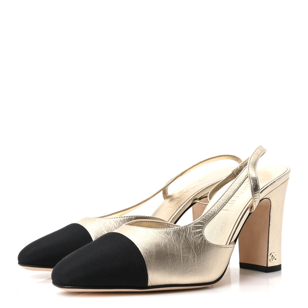 LAMINATED CRUMPLED LAMBSKIN GROSGRAIN CAP TOE CC SLINGBACK PUMPS GOLD BLACK