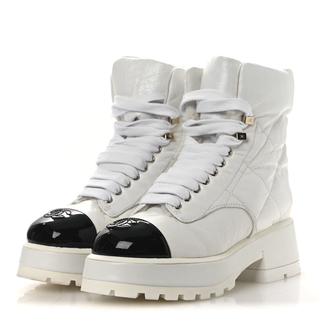 CRUMPLED PATENT LAMBSKIN CALFSKIN QUILTED LACE UP COMBAT BOOTS WHITE BLACK