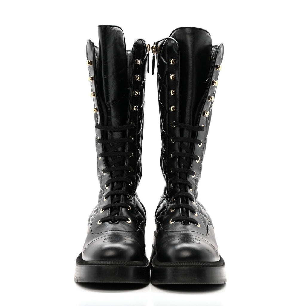 CALFSKIN QUILTED LOGO LACE UP TALL COMBAT BOOTS BLACK