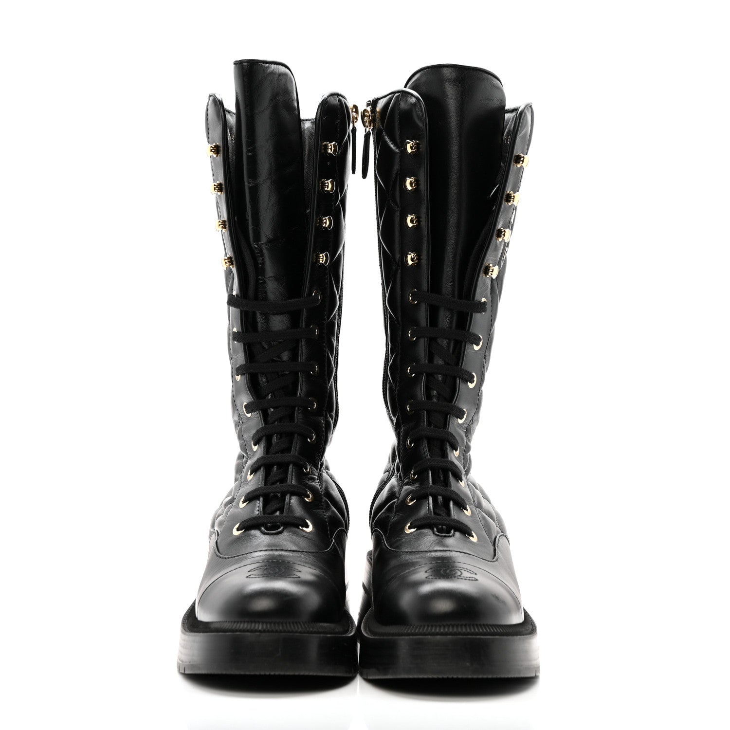 CALFSKIN QUILTED LOGO LACE UP TALL COMBAT BOOTS BLACK