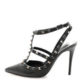 PEBBLED CALFSKIN ONYX ROCKSTUD ROLLING ANKLE STRAP 100MM PUMPS BLACK