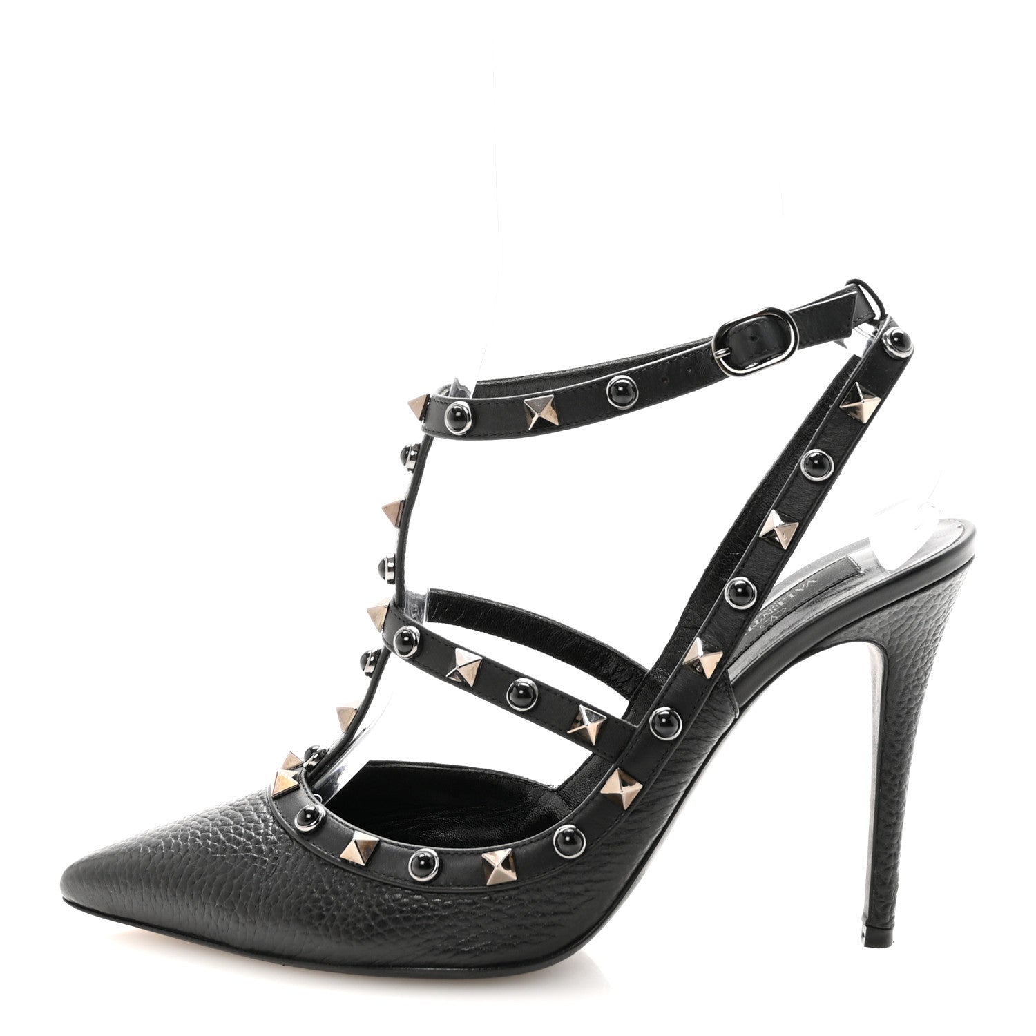 PEBBLED CALFSKIN ONYX ROCKSTUD ROLLING ANKLE STRAP 100MM PUMPS BLACK
