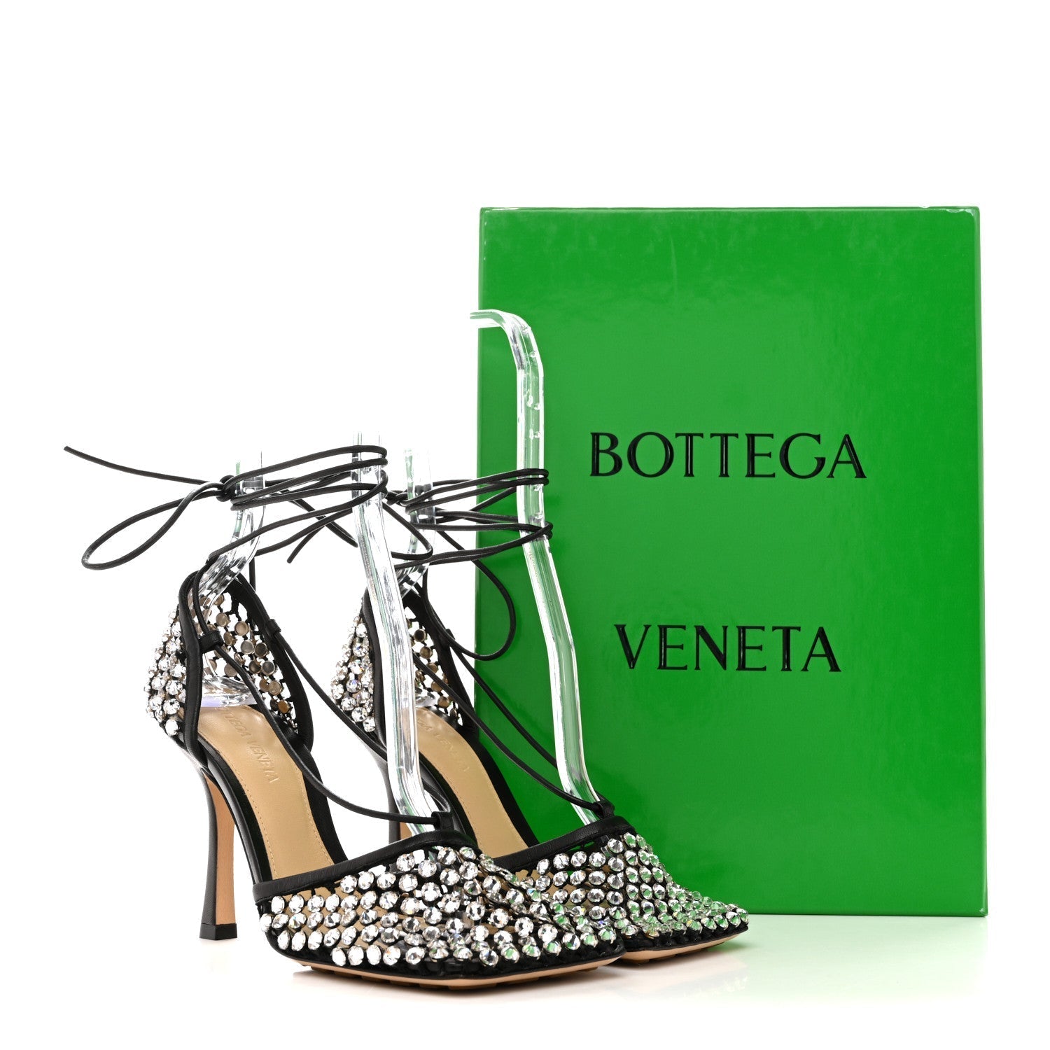 MESH NAPPA CRYSTAL EMBELLISHED SPARKLE STRETCH ANKLE TIE SANDALS BLACK