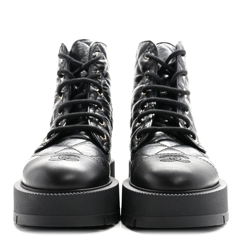 CRUMPLED LAMBSKIN QUILTED PLATFORM LACE UP COMBAT BOOTS BLACK