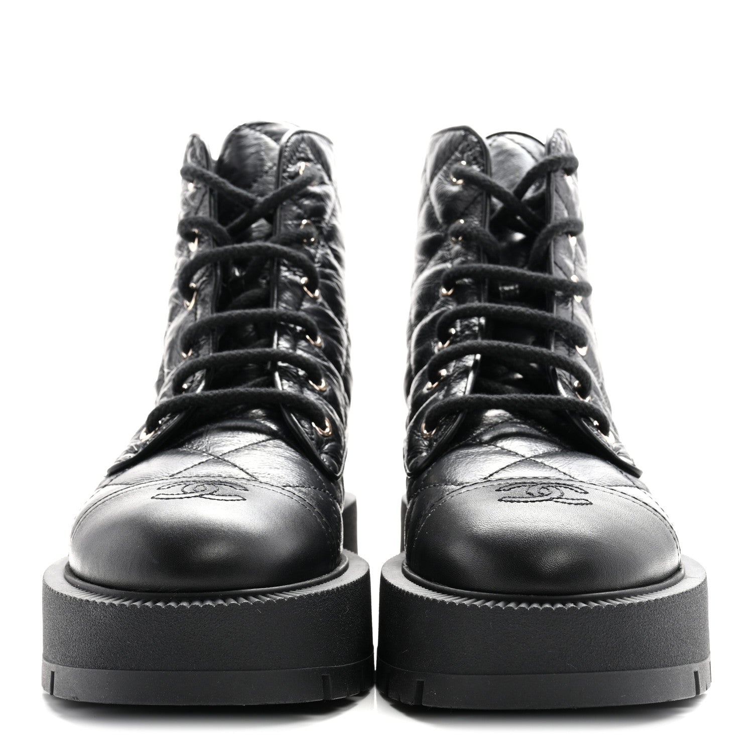 CRUMPLED LAMBSKIN QUILTED PLATFORM LACE UP COMBAT BOOTS BLACK
