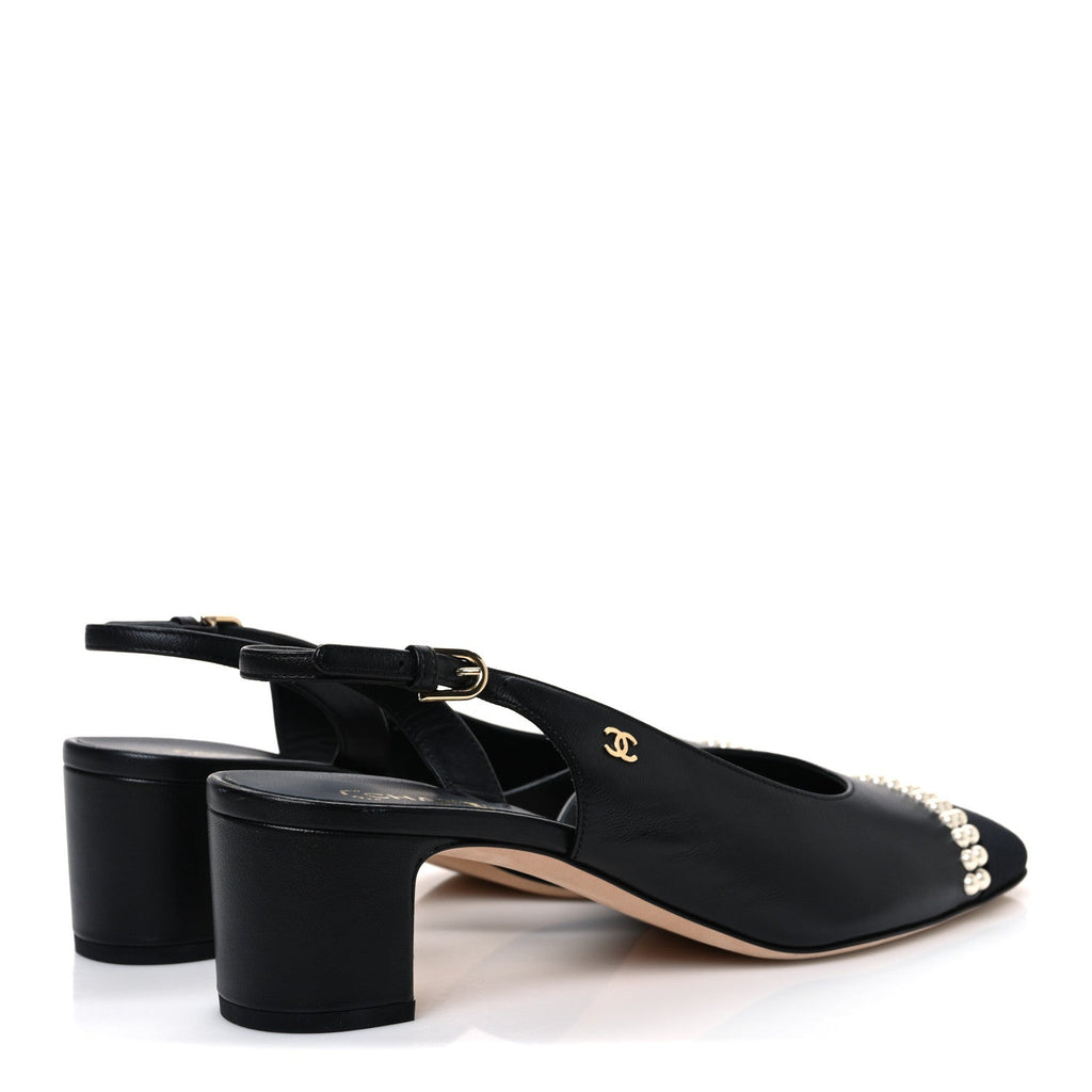 LAMBSKIN GROSGRAIN PEARL CAP TOE CC SLINGBACK PUMPS BLACK