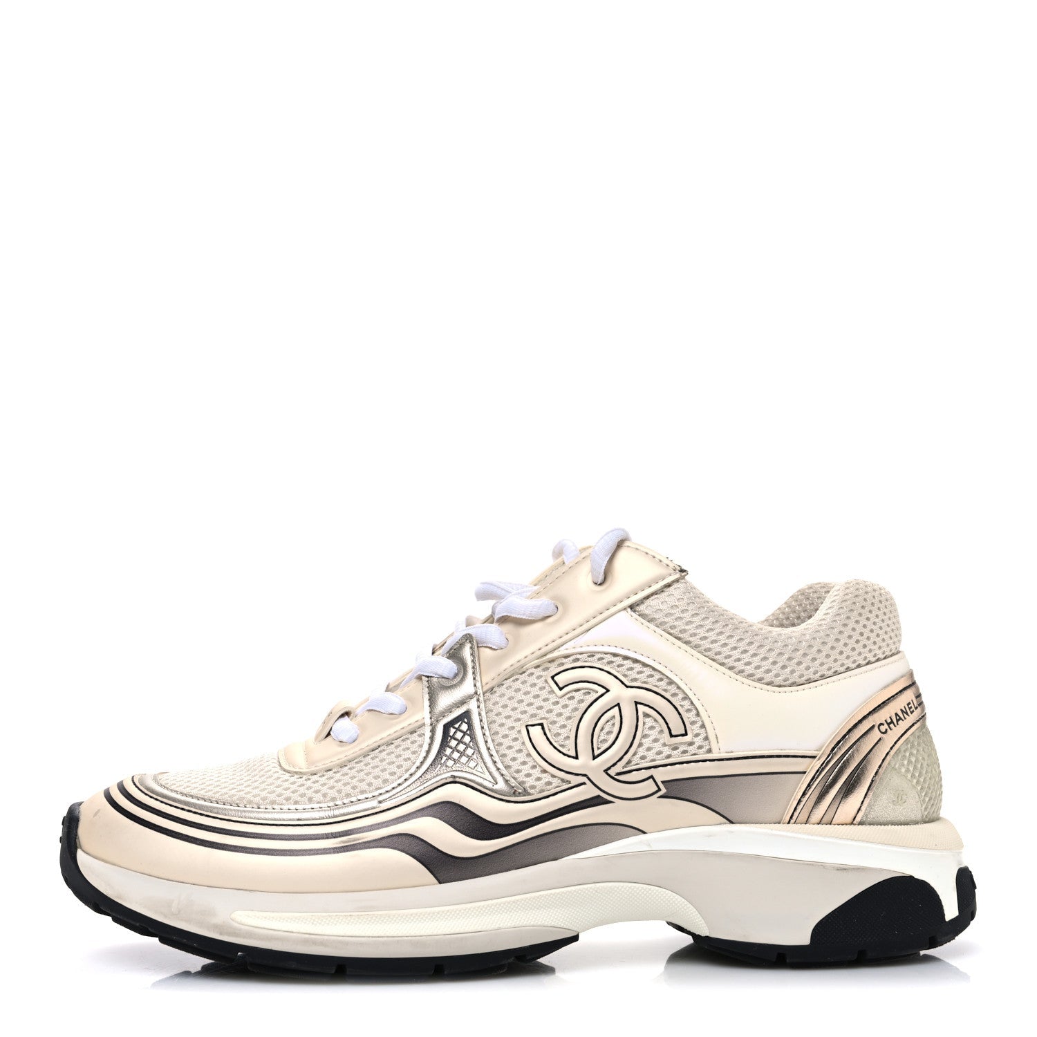 FABRIC LAMINATED CALFSKIN STRETCH CC SNEAKERS IVORY WHITE SILVER