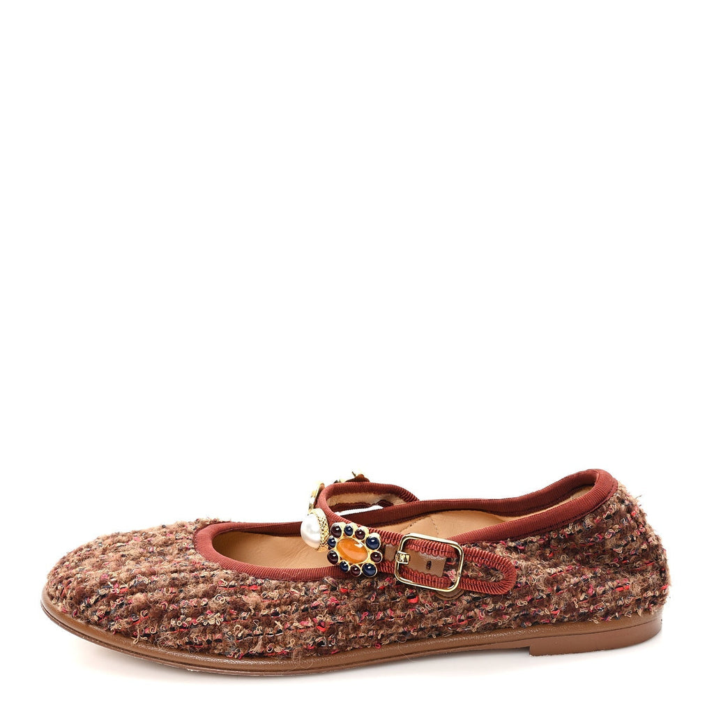 WOOL TWEED MARY JANE FLATS BROWN RED DARK BLUE