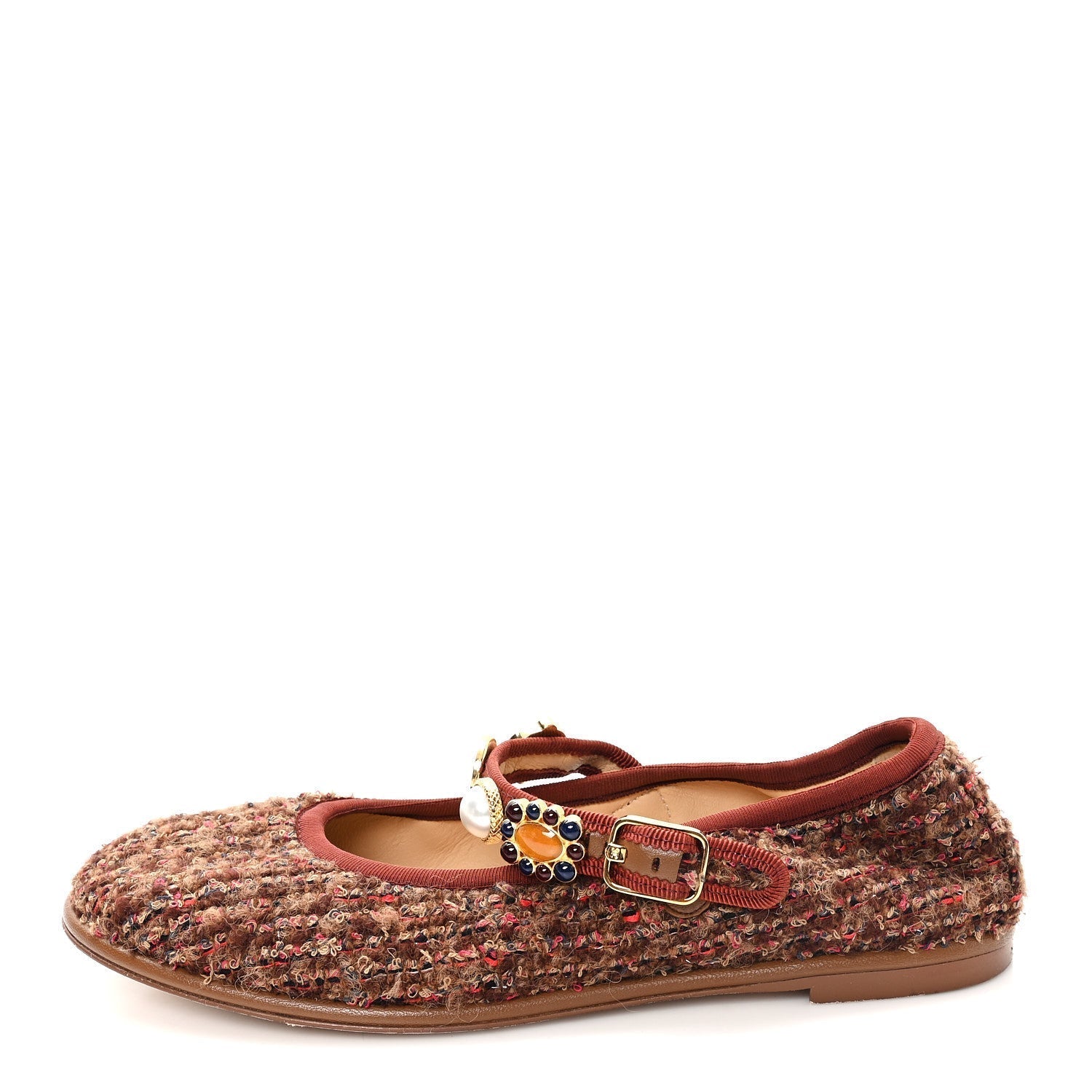 WOOL TWEED MARY JANE FLATS BROWN RED DARK BLUE