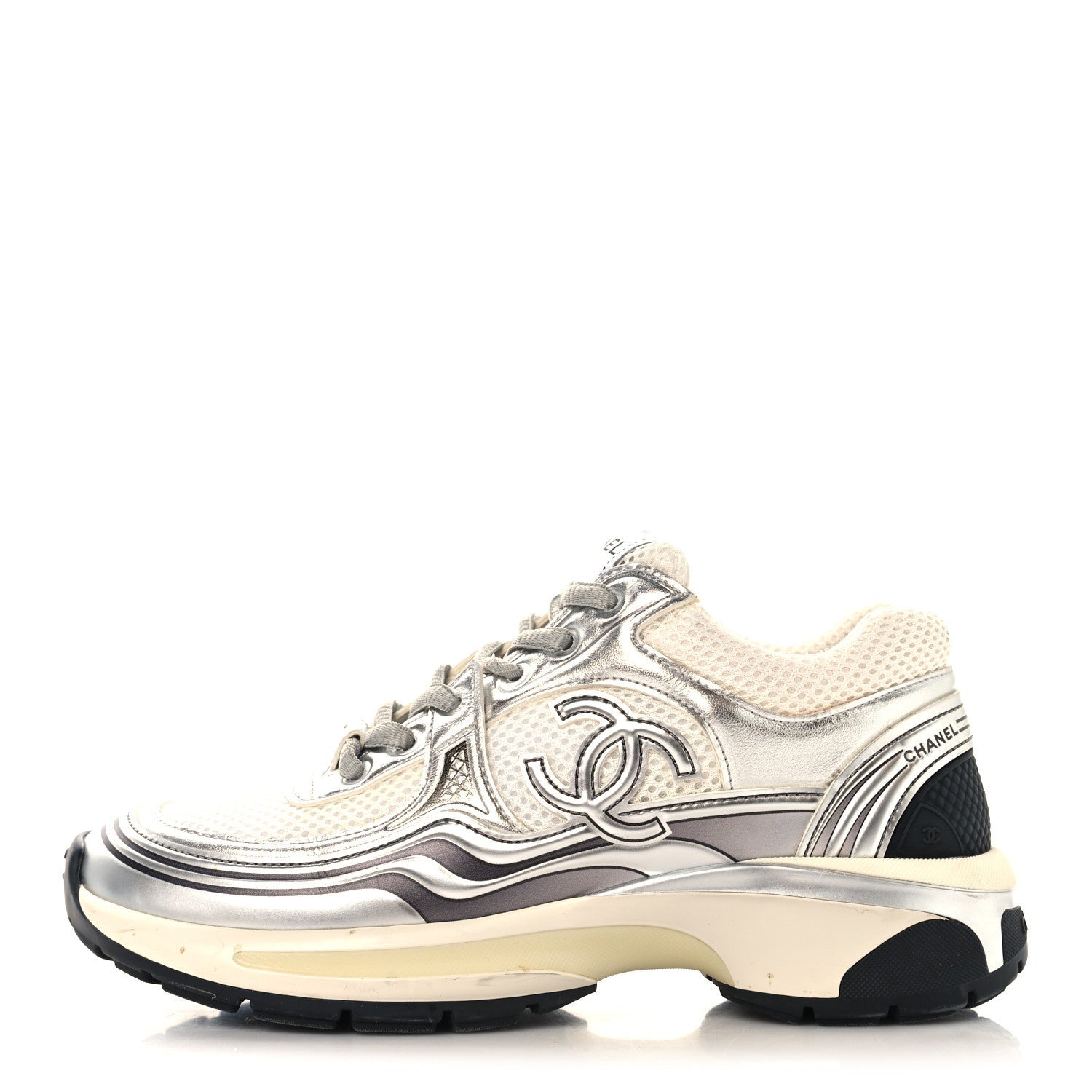 FABRIC LAMINATED CALFSKIN STRETCH CC WOMENS SNEAKERS WHITE SILVER