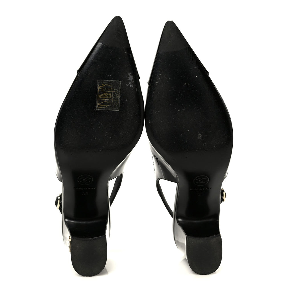 PATENT CALFSKIN CAP TOE CC SLINGBACK PUMPS BLACK