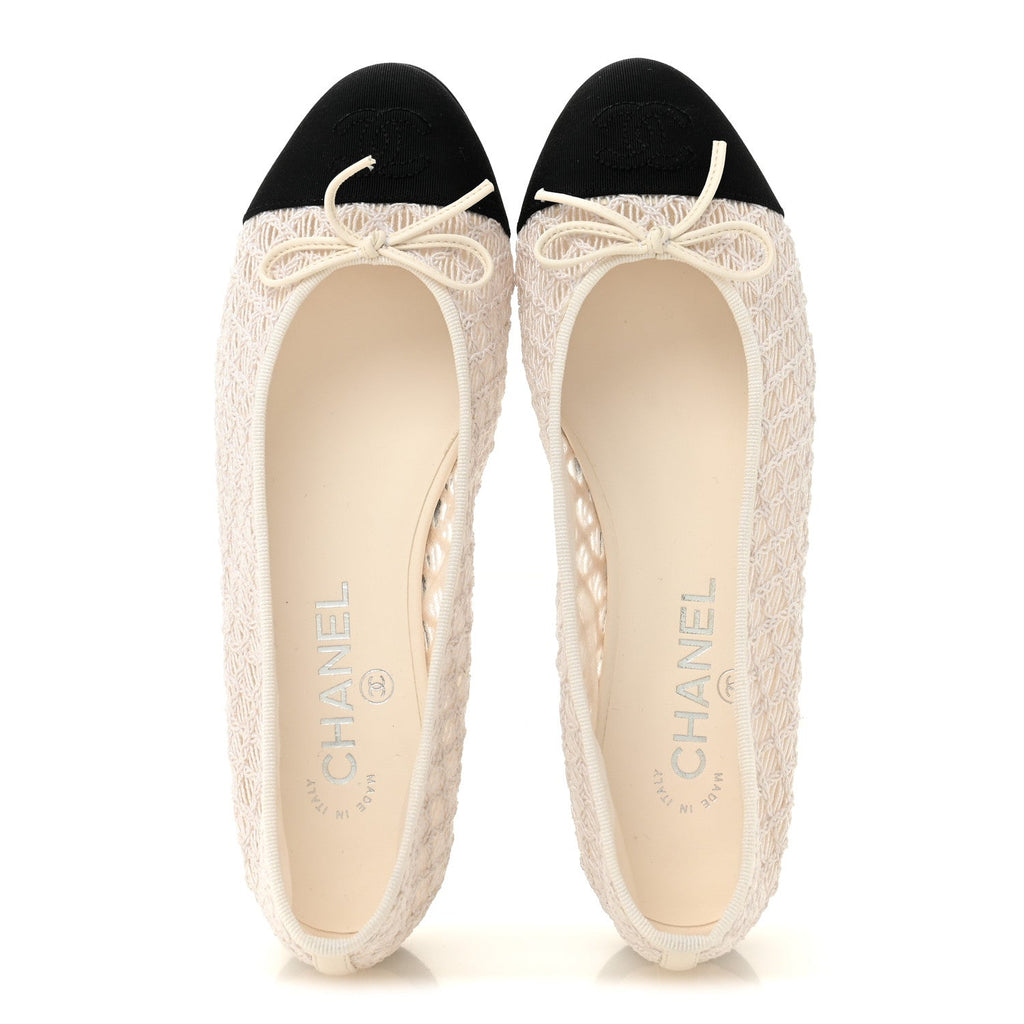 EMBROIDERED GROSGRAIN CAP TOE BALLERINA FLATS WHITE BLACK