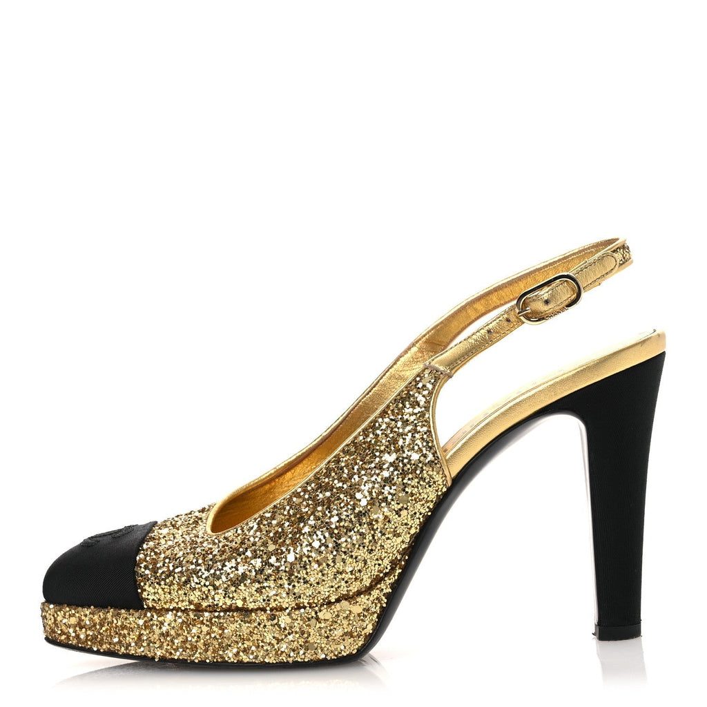 GLITTER GROSGRAIN CAP TOE CC SLINGBACK PUMPS GOLD BLACK
