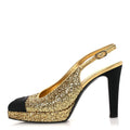 GLITTER GROSGRAIN CAP TOE CC SLINGBACK PUMPS GOLD BLACK
