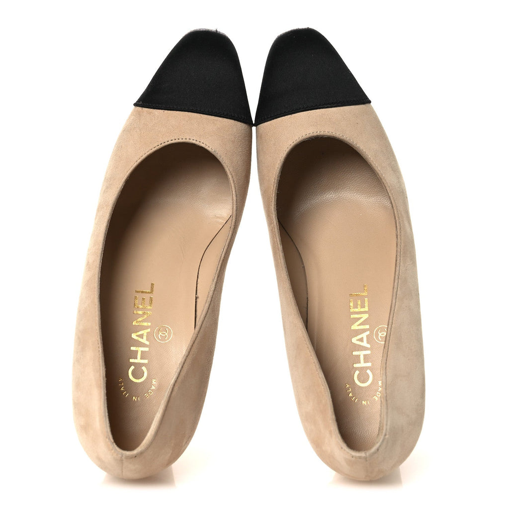 SUEDE SATIN CAP TOE LOW HEEL PUMPS BEIGE BLACK