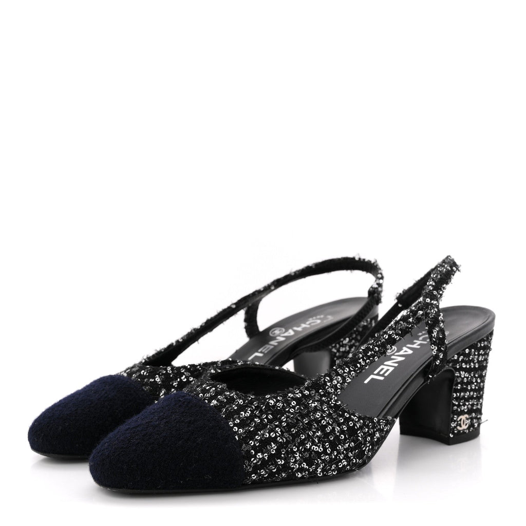 TWEED SEQUIN CAP TOE CC SLINGBACK PUMPS BLACK WHITE SILVER