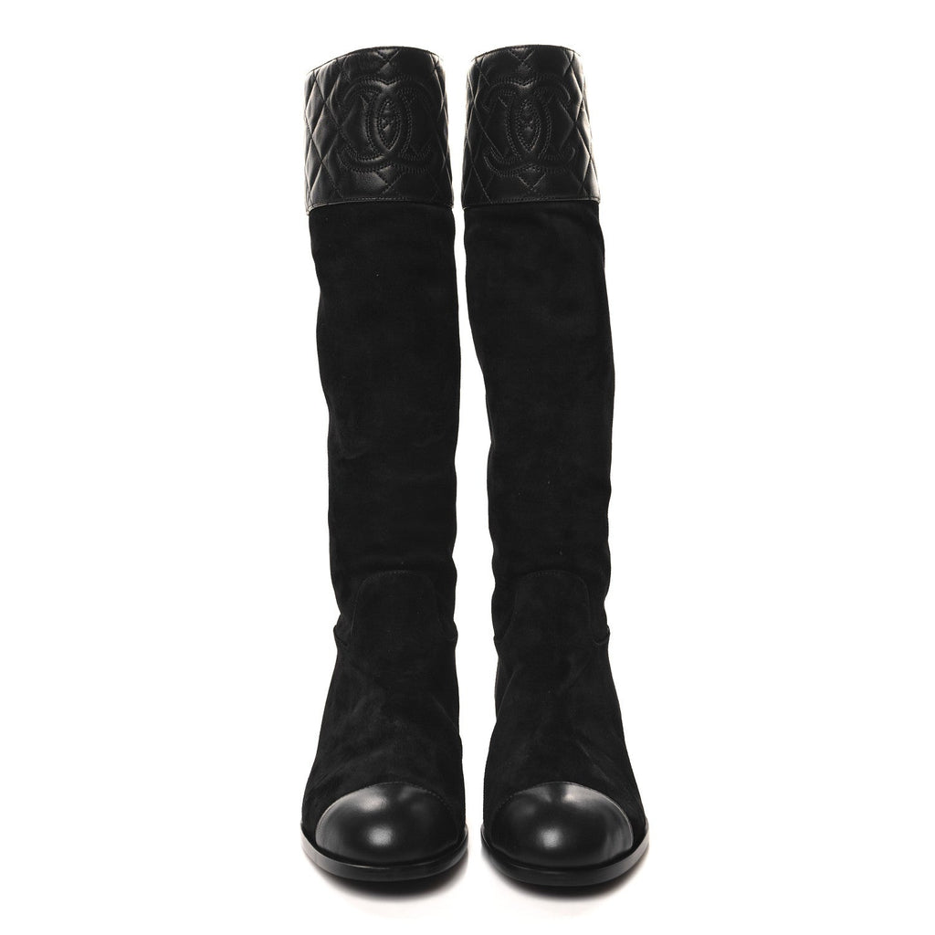 SUEDE CALFSKIN LAMBSKIN QUILTED KNEE HIGH BOOTS BLACK