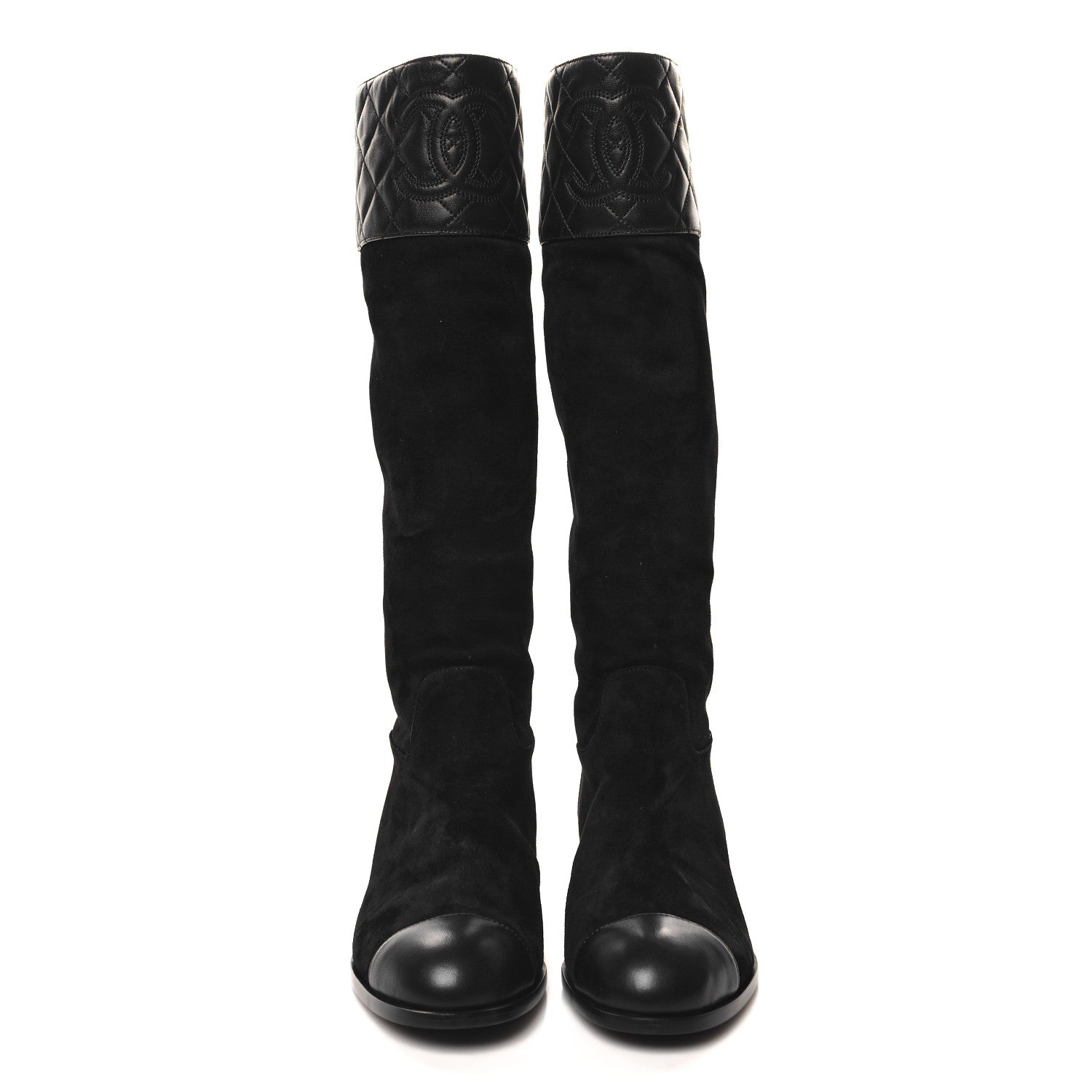 SUEDE CALFSKIN LAMBSKIN QUILTED KNEE HIGH BOOTS BLACK