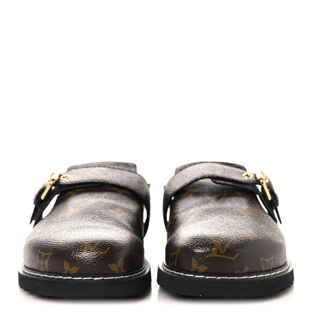 PATENT MONOGRAM WOMENS COSY FLAT COMFORT CLOG MULES BROWN