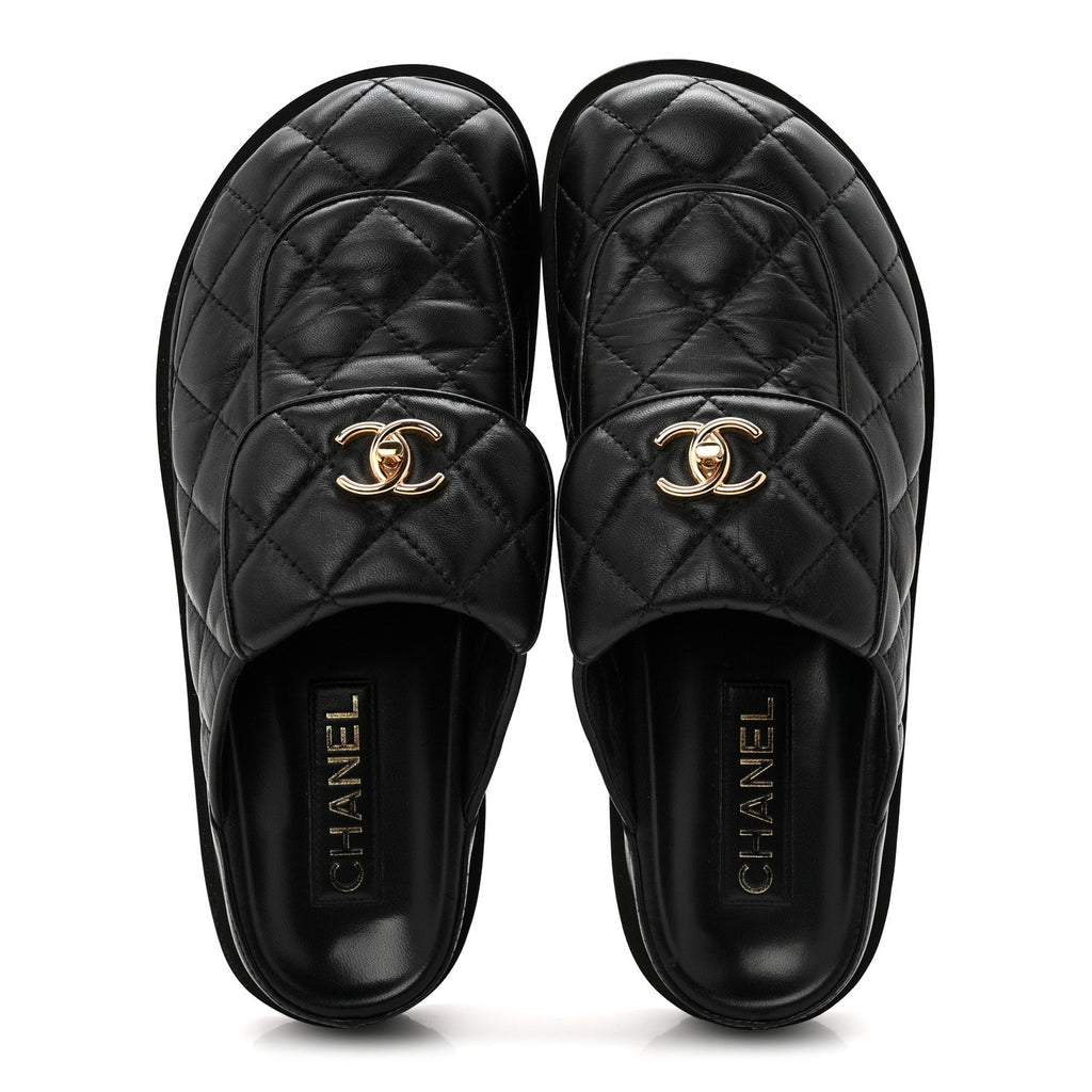 LAMBSKIN QUILTED CC TURNLOCK MULES BLACK