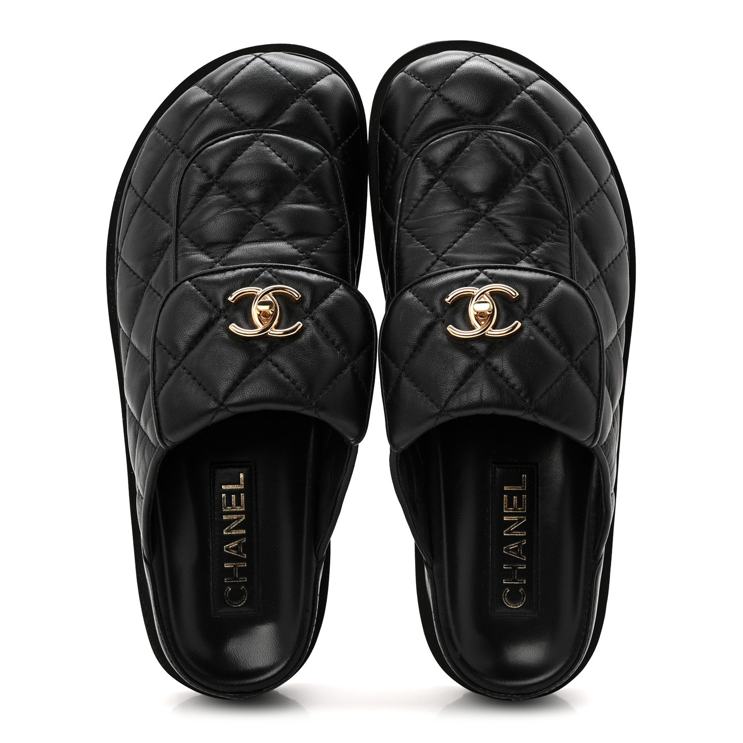LAMBSKIN QUILTED CC TURNLOCK MULES BLACK